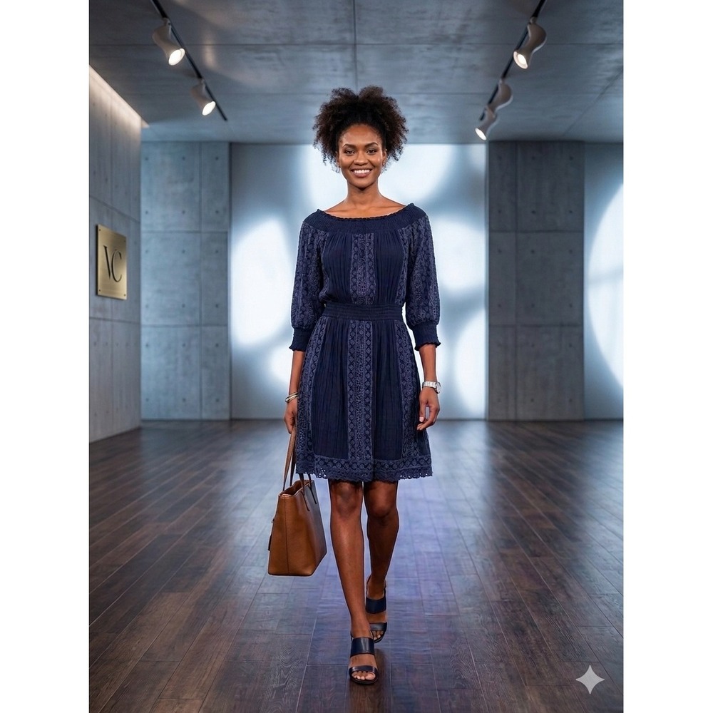 Alice + Olivia Pammy Navy Blue Cottage Eyelet Embroidered Smocked Mini Dress 4
